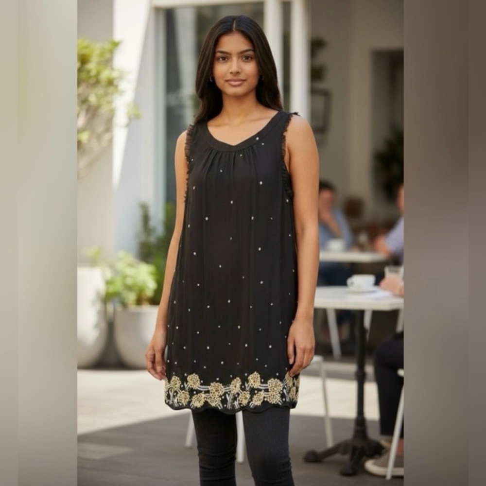 Alice & Olivia Beaded and Embroidered Black Silk Shift Dress Tunic LBD